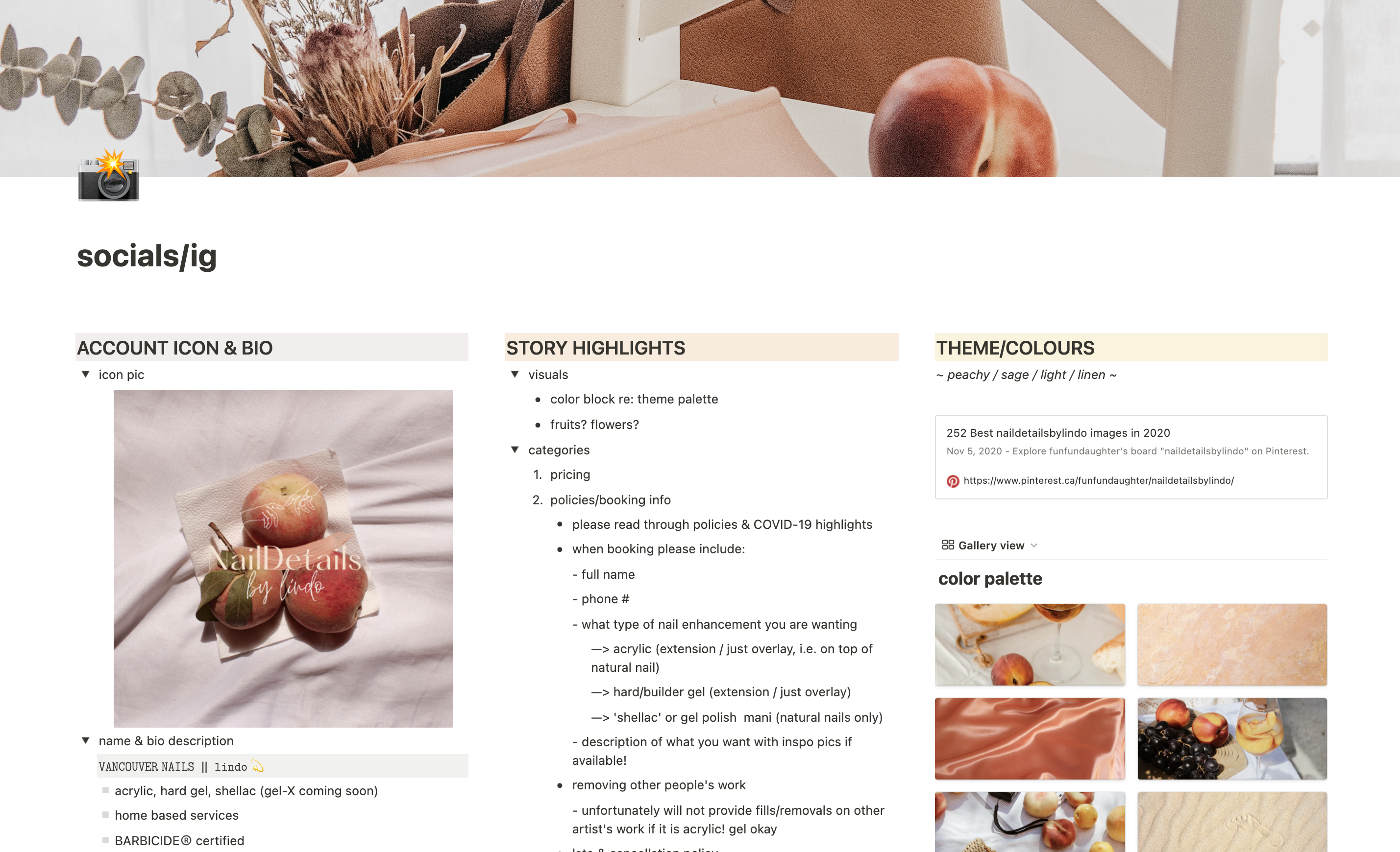 Screenshot of a Notion page showcasing a brand brainstorming with pictures of peaches