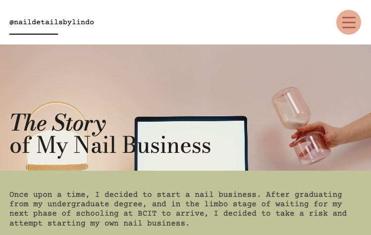 Nail website project screenshot at viewport 768px with hamburger menu (closed)