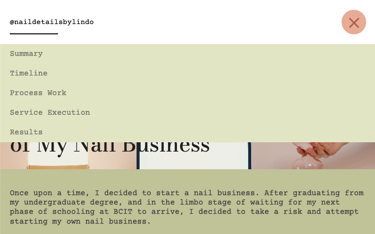 Nail website project screenshot at viewport 768px with hamburger menu (open)